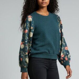 Anthropologie Vintage Porridge Clothing Floral Teal Textured Top Sz Lg MSRP $148